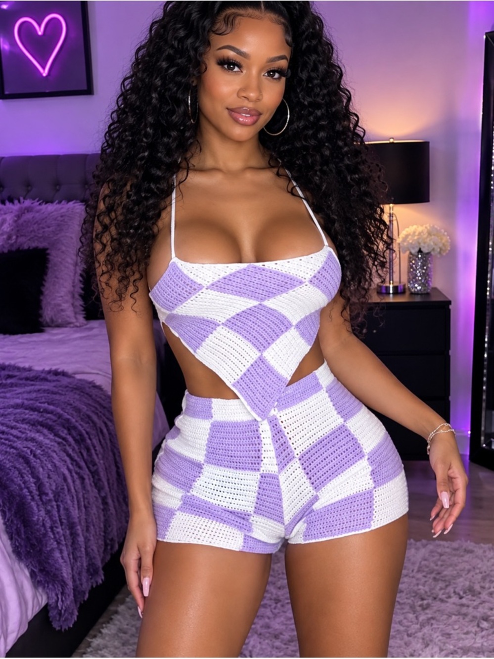Women’s Lavender & White Checker Knit Shorts - Cropped Matching Set